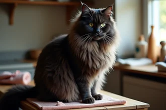 Maine Coon black smoke assis sur une table de toilettage, pelage épais et touffu avec reflets argentés visibles