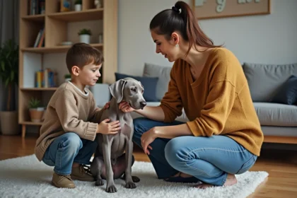 Maman et enfant avec un chien Weimaraner dans le salon