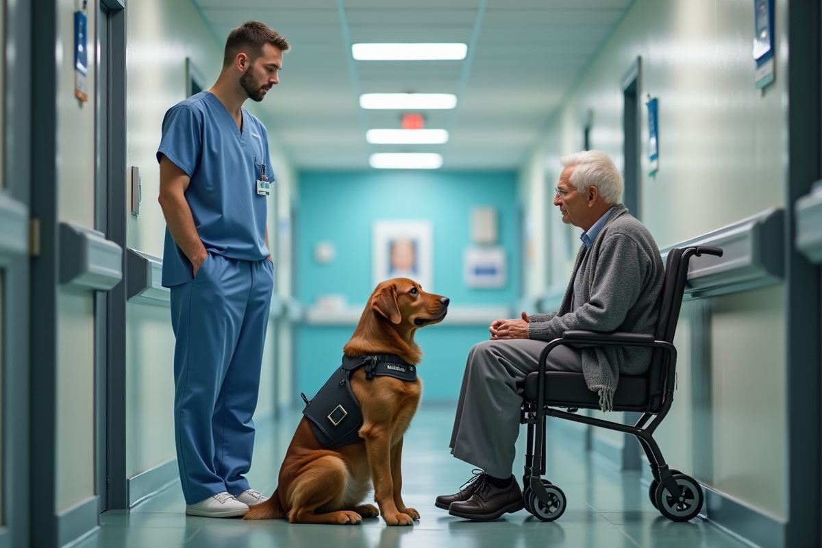 Medecin en uniforme avec un chien therapie dans un couloir d