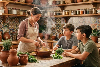 Famille réunie dans une cuisine chaleureuse préparant le mencoun traditionnel ensemble