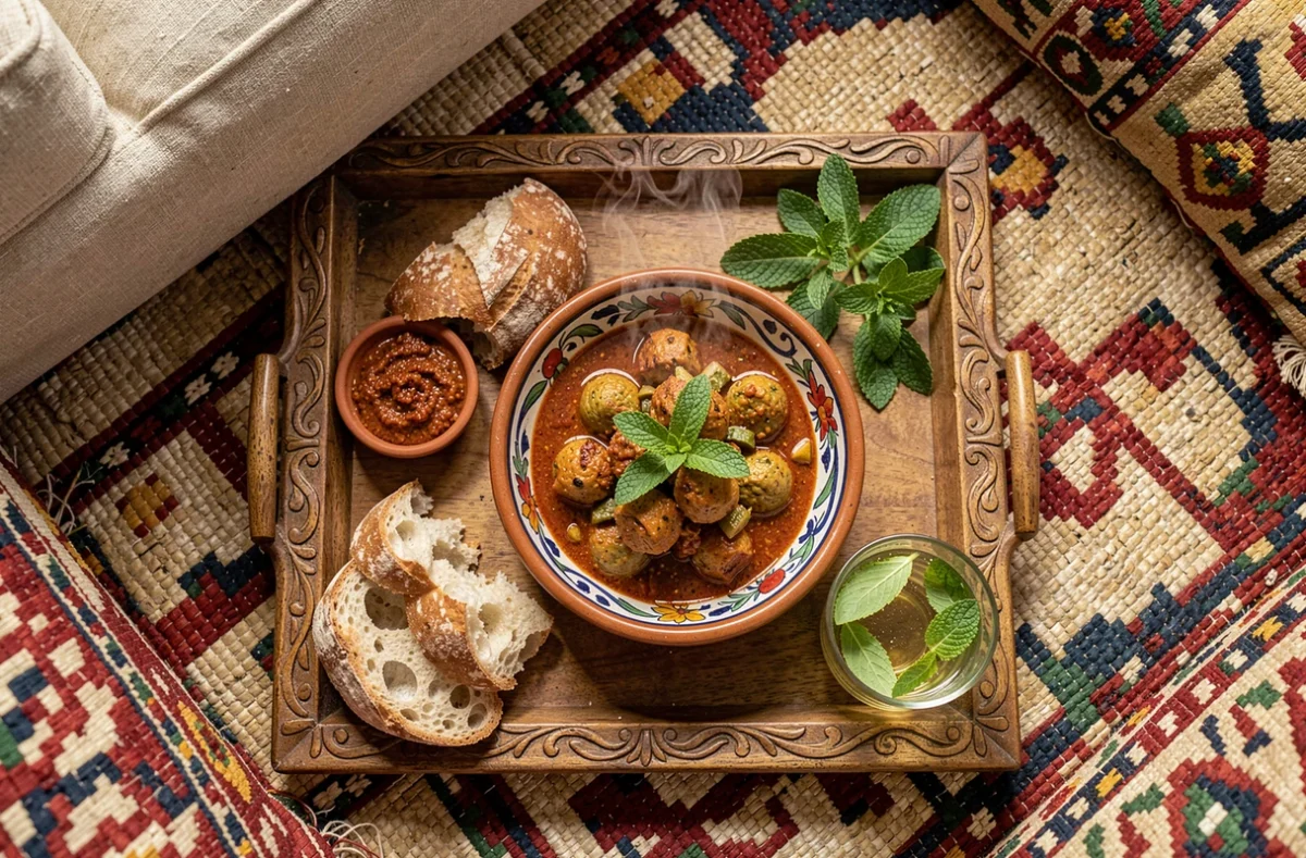 Présentation traditionnelle du mencoun en terrine artisanale sur un plateau familial marocain