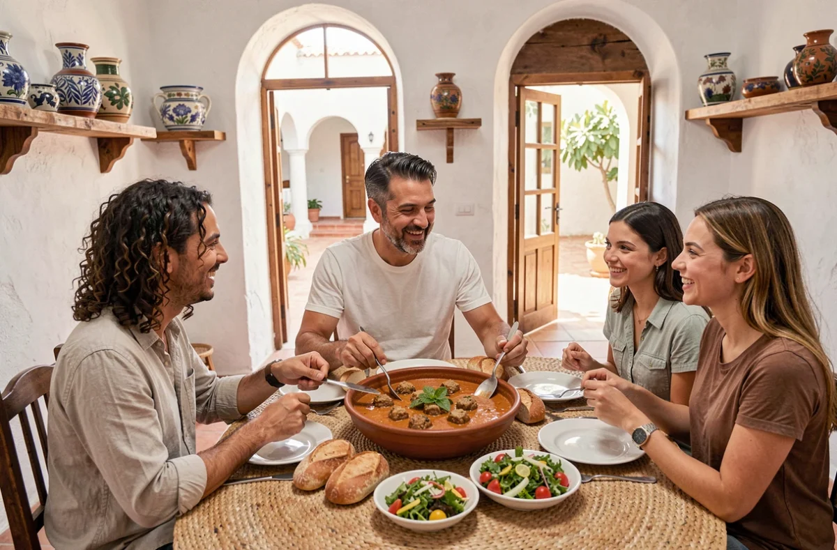 Repas familial autour d'un plat de mencoun partagé sur une table conviviale