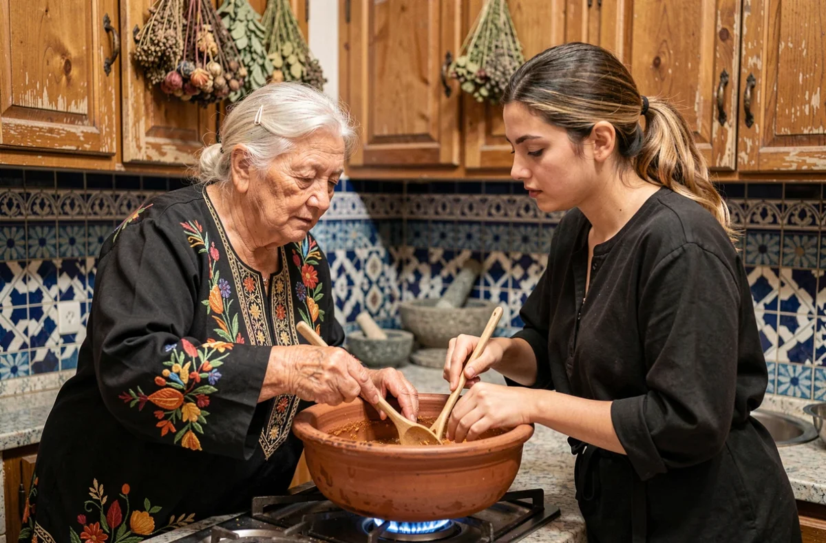 Grand-mère transmettant la recette du mencoun à sa petite-fille dans une cuisine traditionnelle