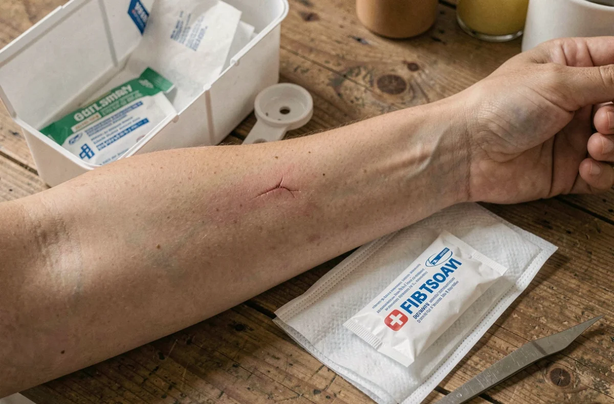 Avant-bras humain présentant une légère égratignure après morsure d'orvet, avec trousse de premiers secours ouverte sur une table en bois