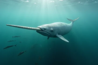 Narval nageant sous la surface de l'océan arctique avec sa longue corne spiralée visible, animal en N pour le petit Bac