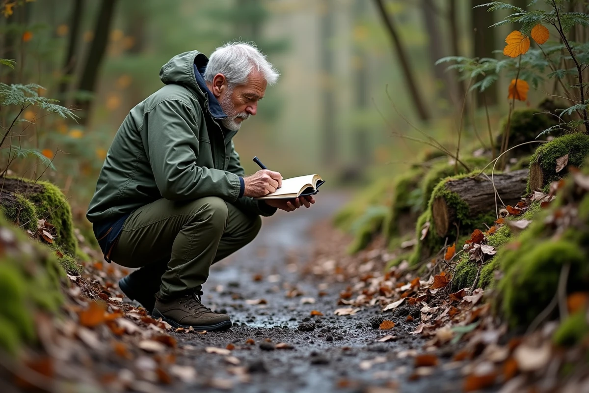 Naturaliste observant des traces d'animaux en forêt automnale