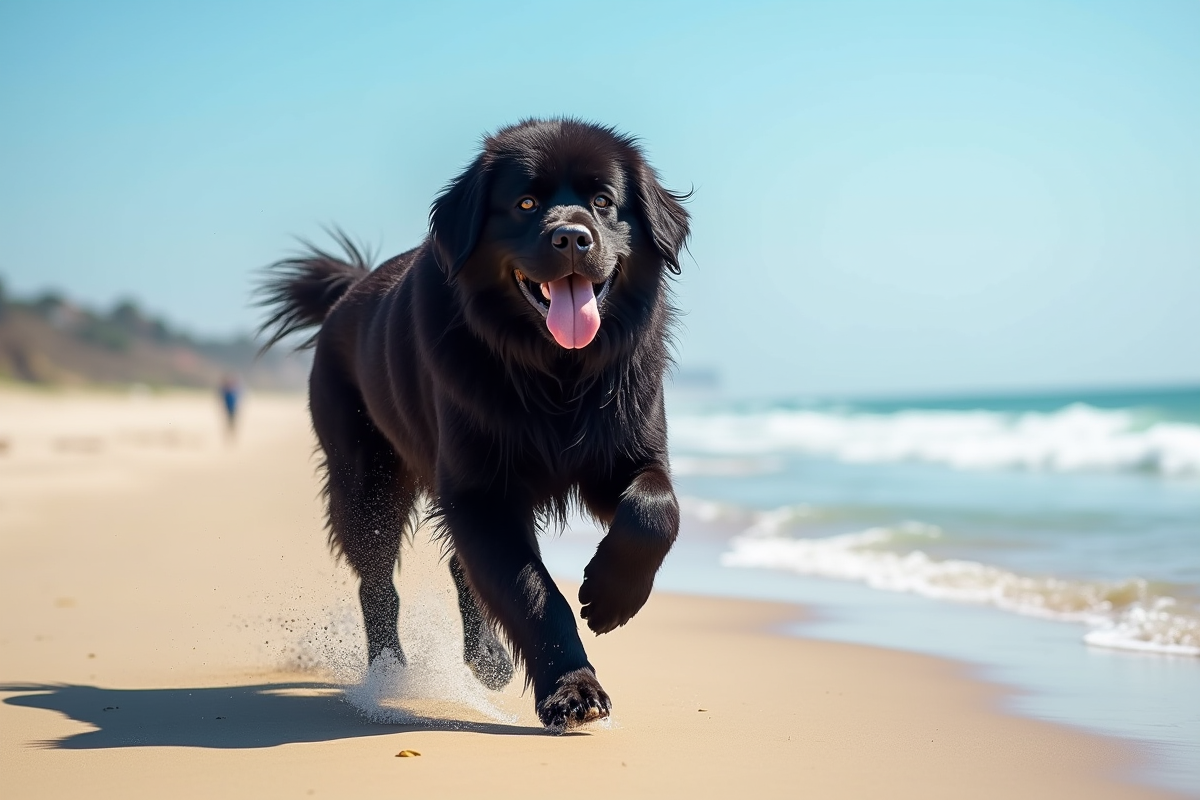 Chien Newfoundland courant sur la plage ensoleillee