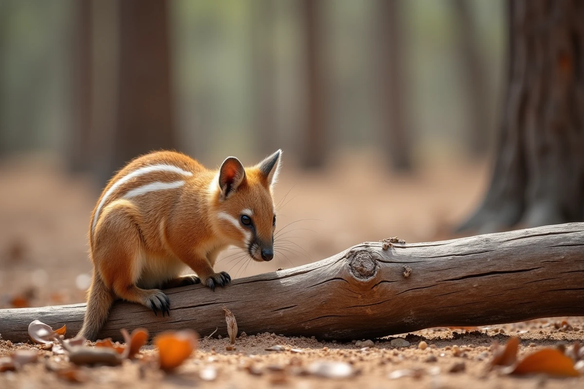Numbat, petit marsupial australien aux rayures blanches, perché sur un tronc d'eucalyptus en forêt, exemple d'animal en N