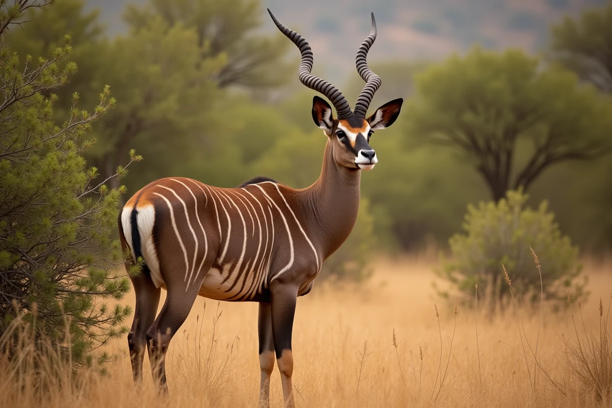 Nyala mâle aux cornes spiralées et pelage rayé debout dans la savane sud-africaine, animal sauvage commençant par la lettre N