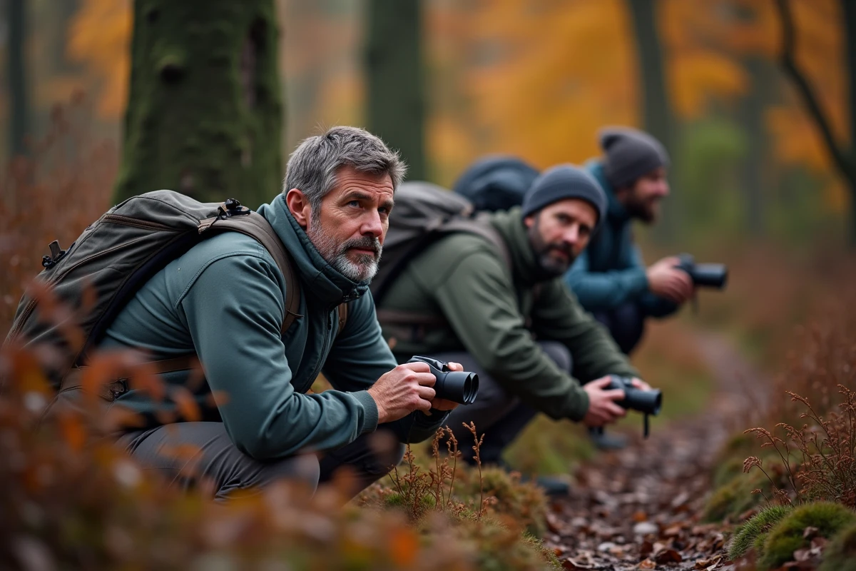Groupe de randonneurs observant le brame du cerf en forêt lors d'une sortie nature automnale