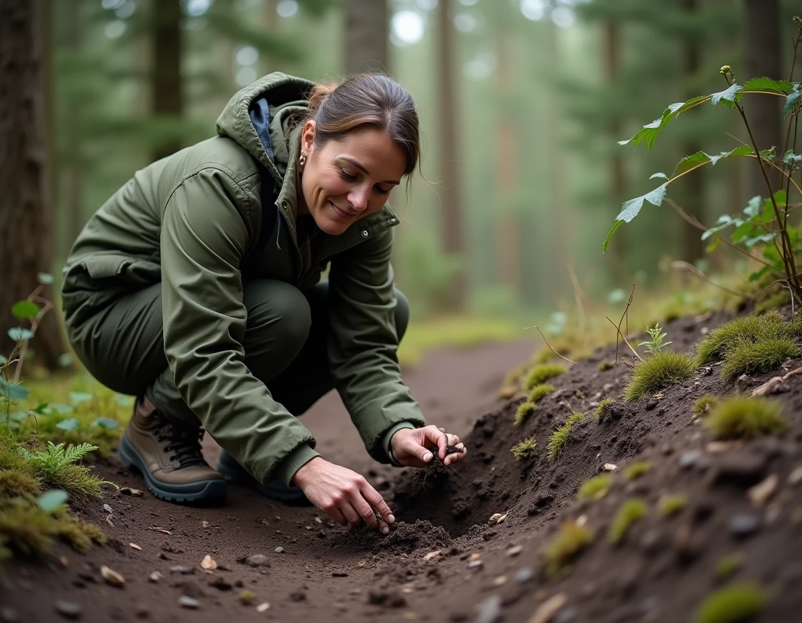 Randonneuse observant une latrines de blaireau creusée dans le sol d'une forêt