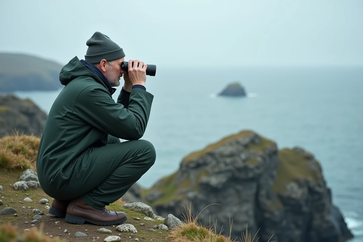 Ornithologue masculin observant des oiseaux marins avec des jumelles sur une falaise côtière