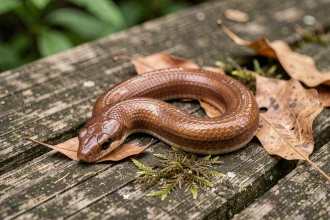 Orvet fragile (Anguis fragilis) au repos sur une surface en bois dans un jardin, montrant ses écailles cuivrées lisses en détail macro