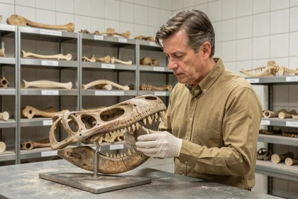 Paléontologue examinant une mâchoire fossilisée de dinosaure carnivore dans un laboratoire de musée