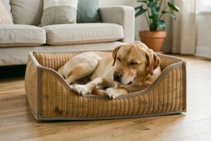Labrador doré allongé dans un panier solide pour chien en nylon tressé résistant, posé sur un parquet en chêne dans un salon scandinave