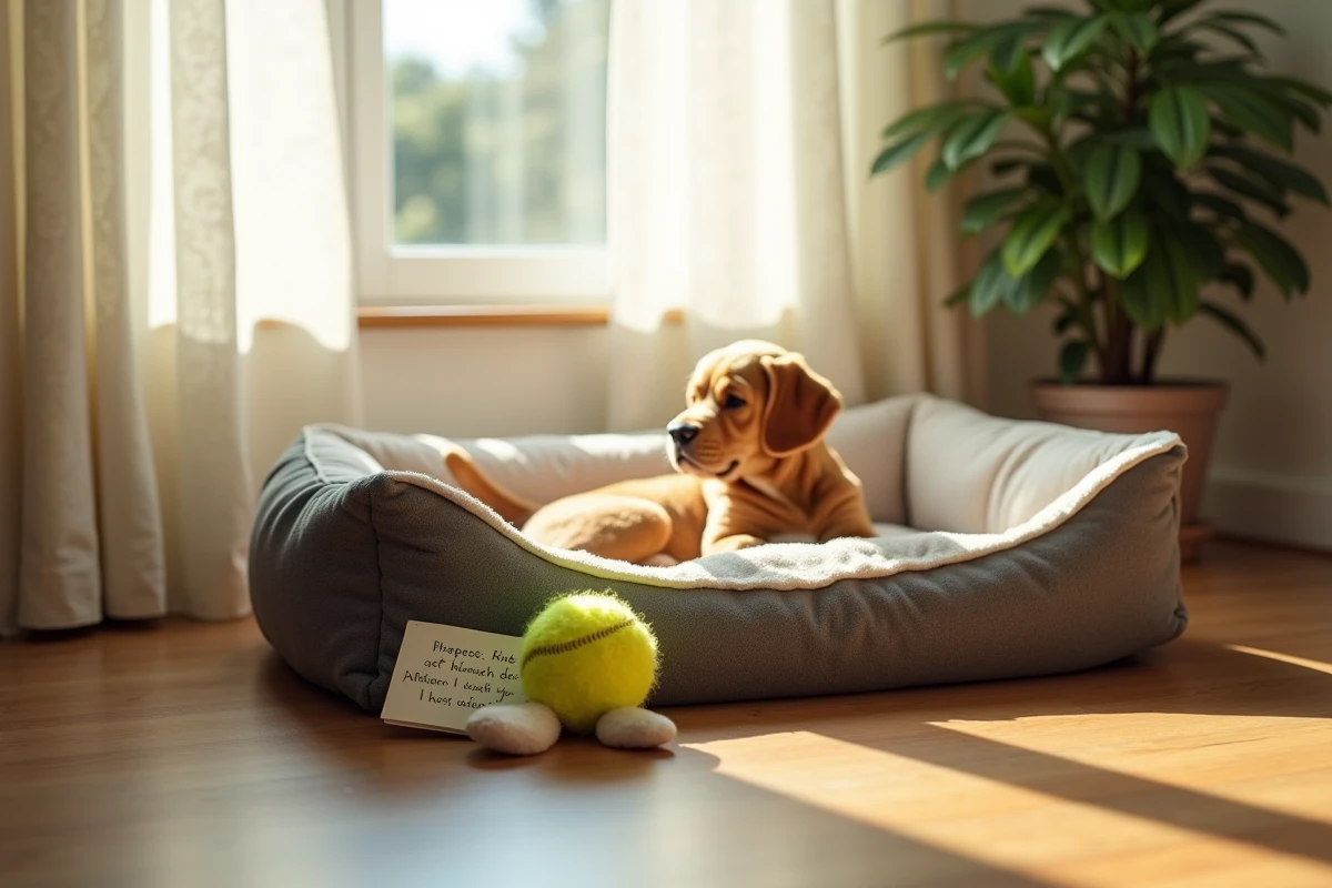 Panier vide d'un chien décédé avec ses jouets et une lettre d'adieu posée près d'une fenêtre lumineuse