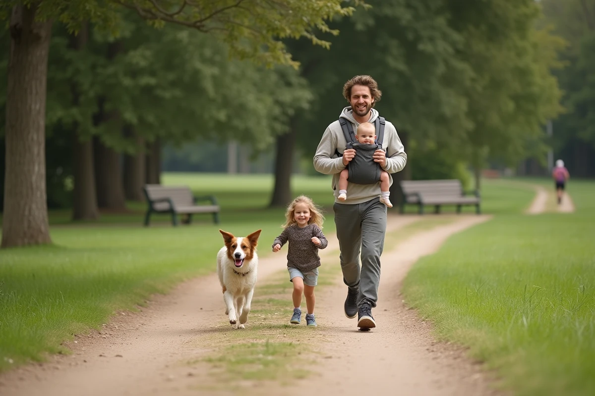 Pere courant avec sa fille en porte-boussole dans un parc