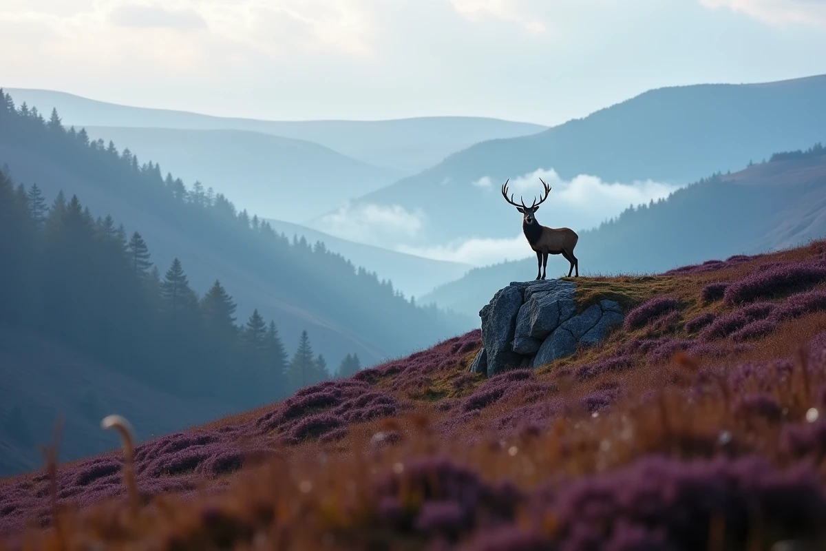 Cerf solitaire en silhouette sur un promontoire rocheux dans un paysage de vallée brumeuse à l'aurore en période de rut