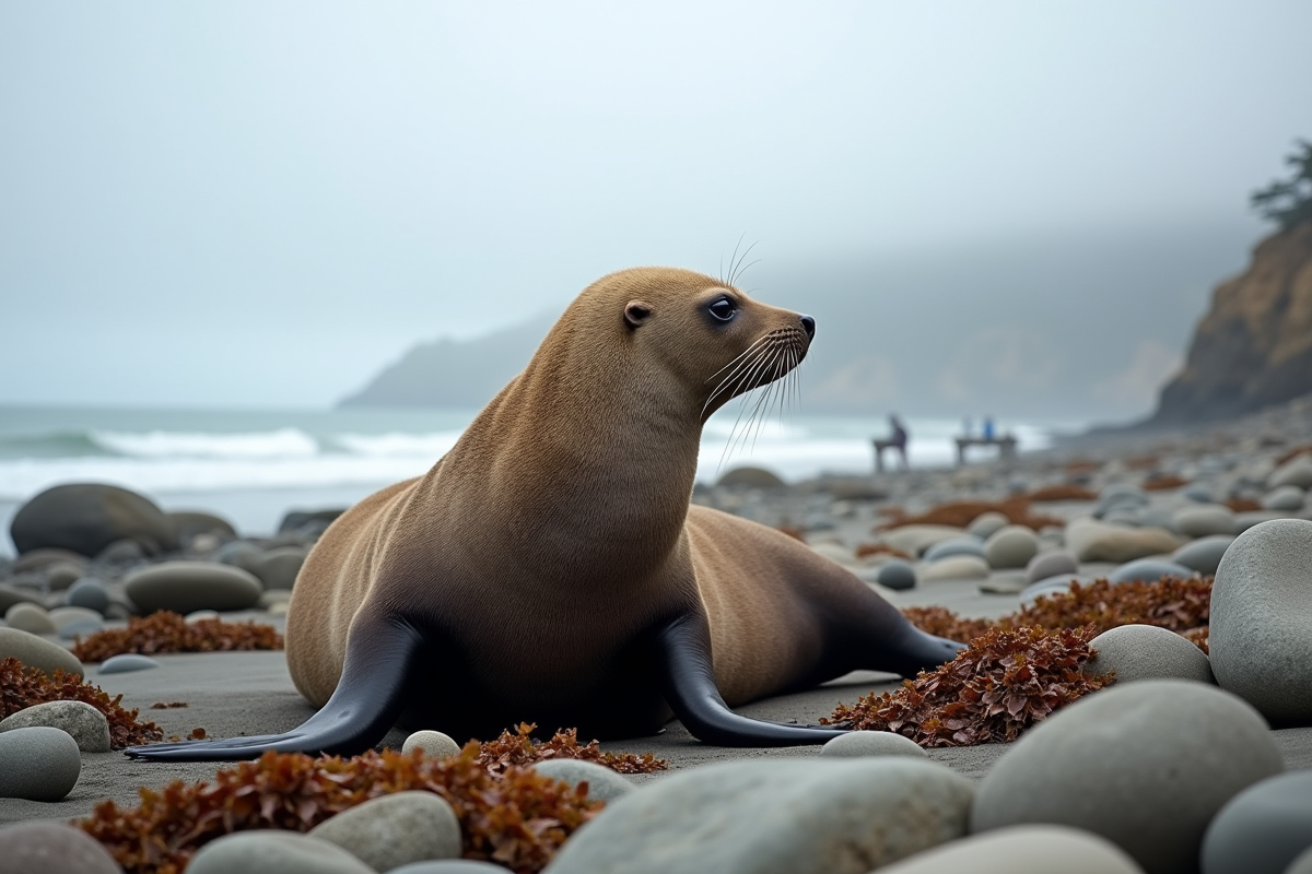 Phoque californien reposant sur une roche au bord de l'océan