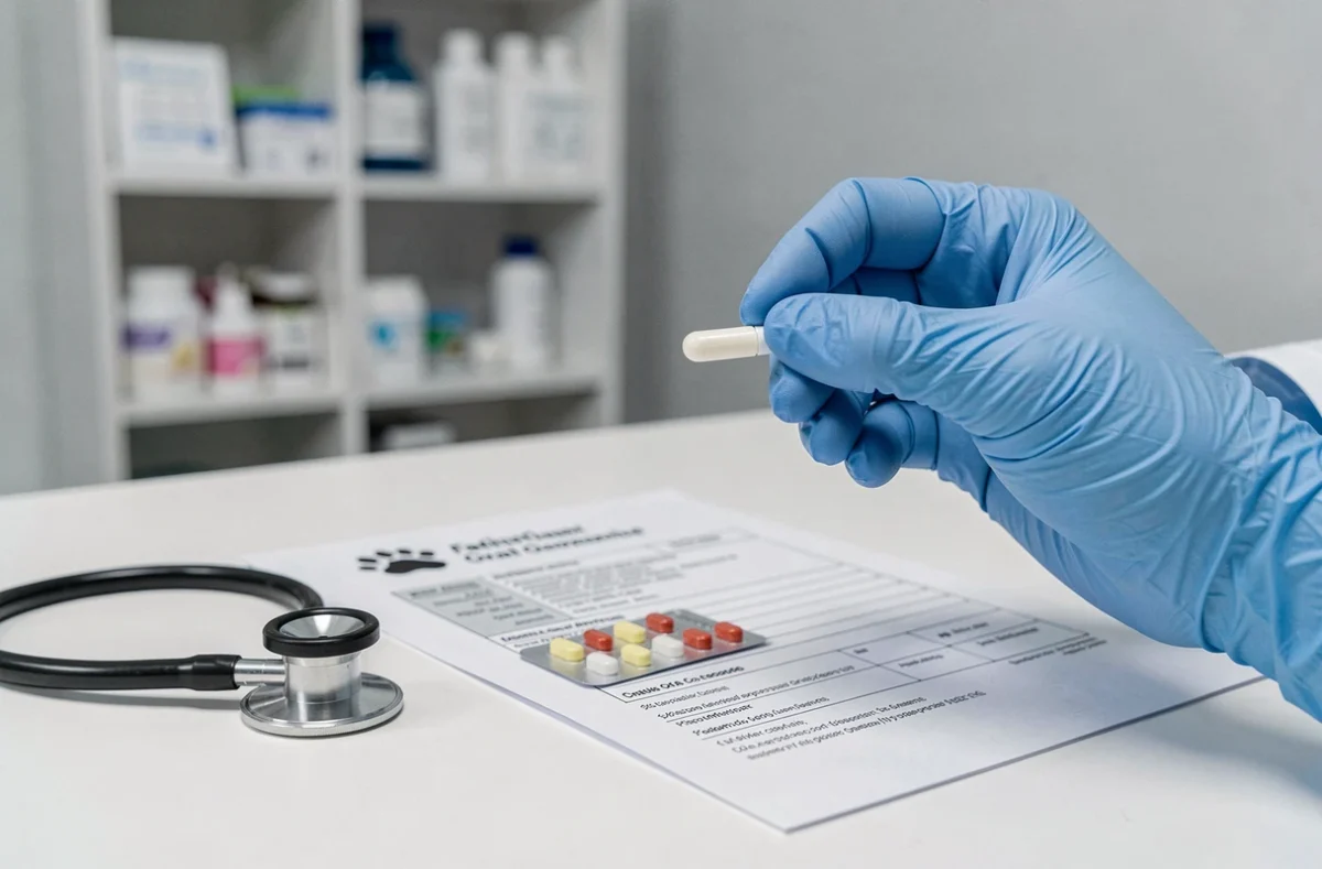 Pilule contraceptive pour chatte posée sur un bureau vétérinaire avec dossier médical, illustrant les précautions médicamenteuses