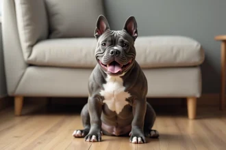Pocket American Bully à la robe bleu brindle assis sur un parquet en bois dans un appartement moderne
