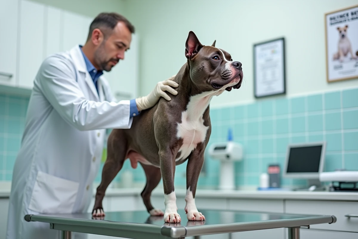 Pocket American Bully merle chocolat lors d'un examen vétérinaire dans une clinique moderne