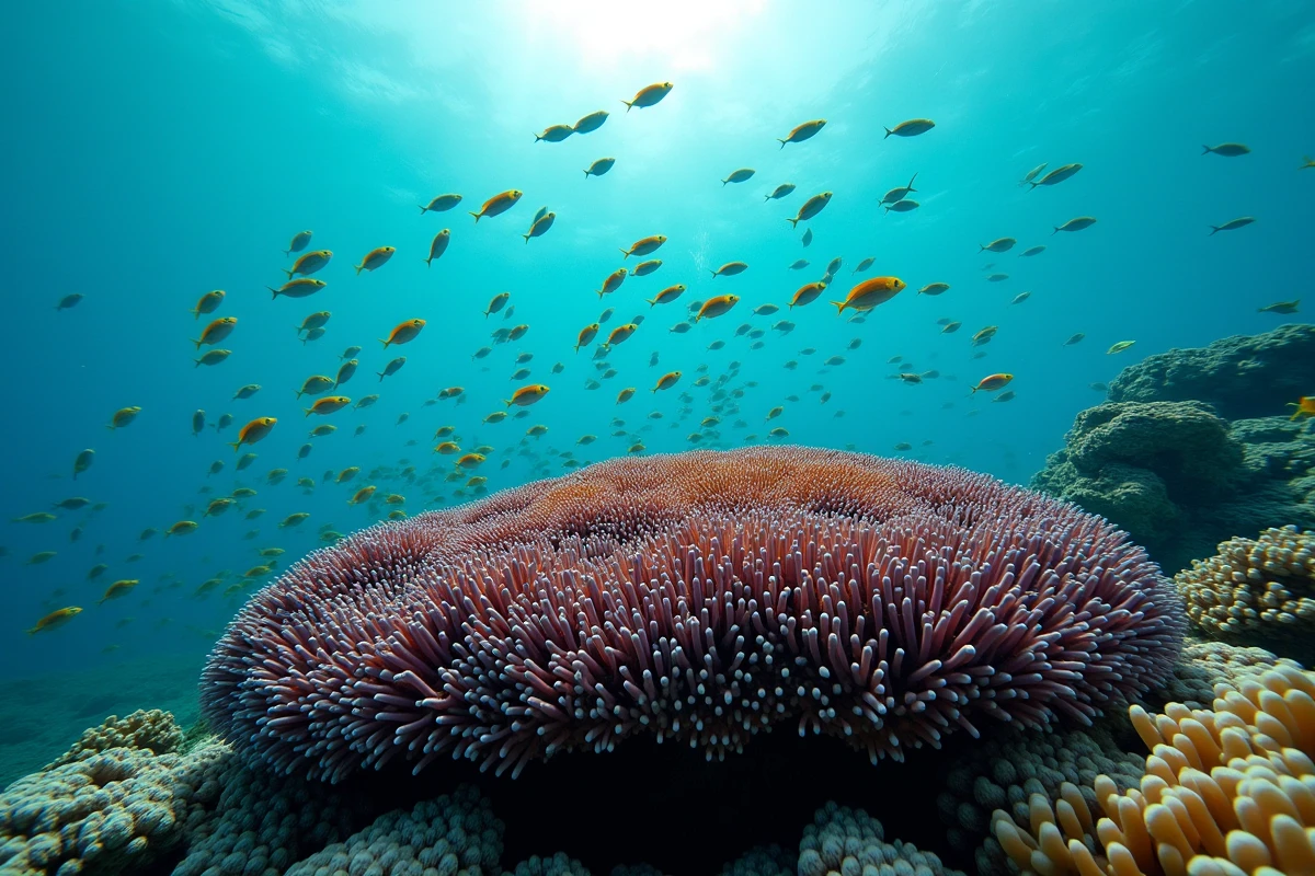 Banc de poissons tropicaux colorés nageant autour d'un récif corallien en Australie