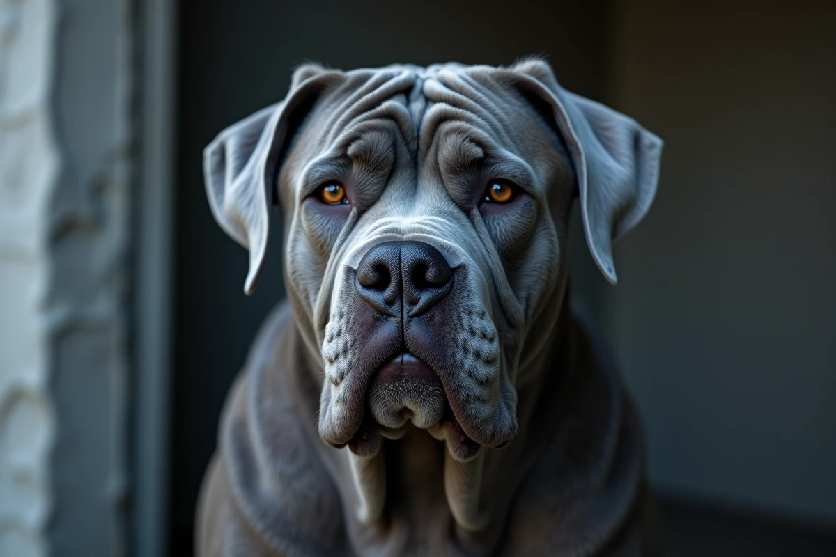 Portrait rapproché d'un Cane Corso bleu adulte au regard anxieux, expression tendue mise en valeur dans un cadre neutre