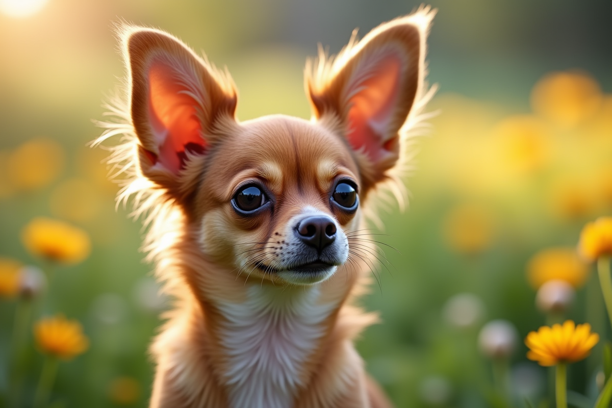 Portrait de Chihuahua aux oreilles papillon dans un jardin fleuri en plein jour
