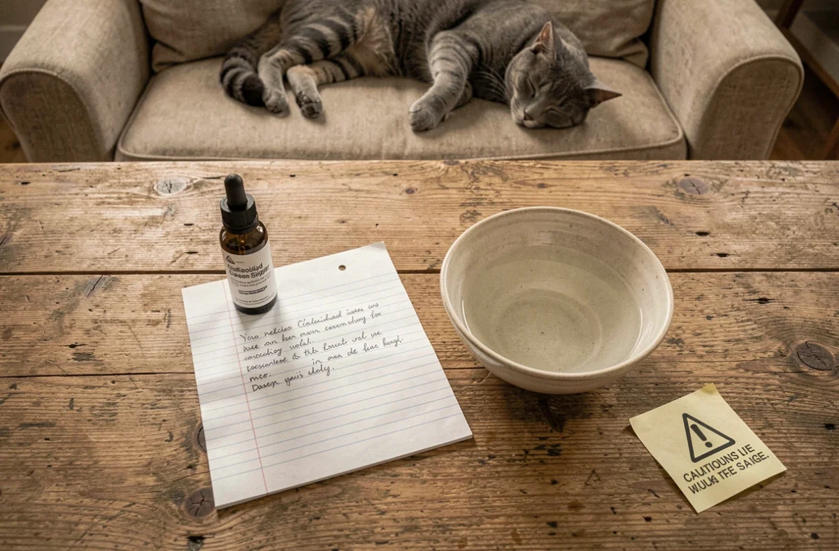 Vue aérienne d'une table avec un flacon d'argent colloïdal, une note de posologie manuscrite et un chat endormi en arrière-plan