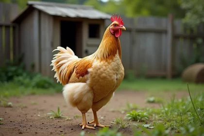 Poule de Brahma adulte aux plumes tachetées dans un poulailler familial rustique