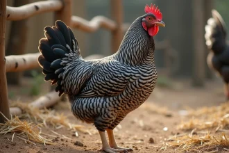 Poule Plymouth Rock barred debout dans un poulailler en plein air avec plumage rayé noir et blanc distinctif