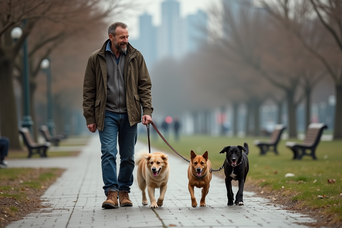 Homme promenant trois chiens dans un parc urbain