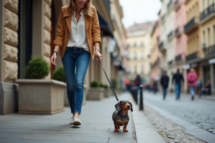 Femme marchant avec un petit teckel tacheté dans la ville