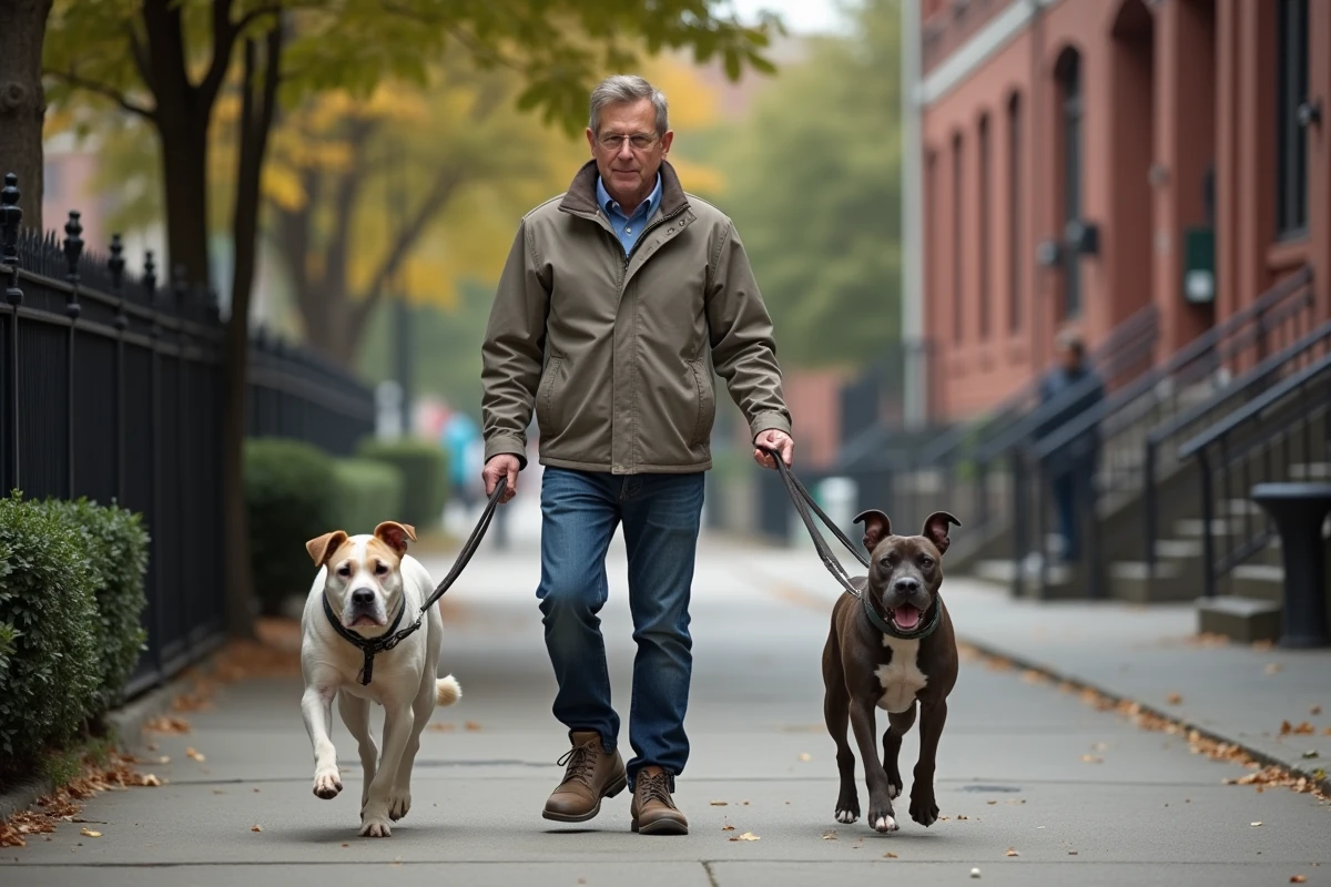 Homme marchant avec deux chiens en ville calme