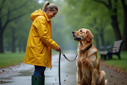Femme en imperméable avec chien mouillé dans un parc