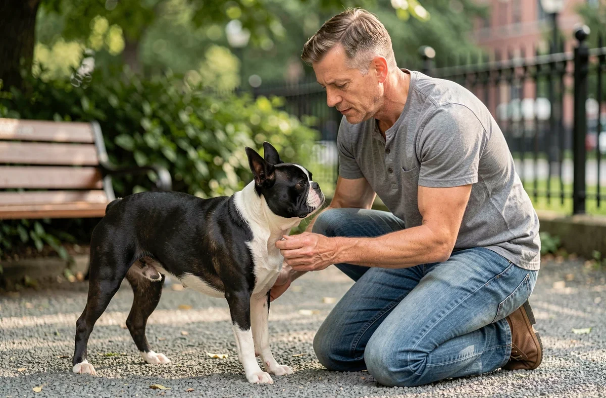 Propriétaire inspectant les pattes et les plis cutanés de son Boston Terrier adulte dans un parc urbain pour prévenir les problèmes dermatologiques
