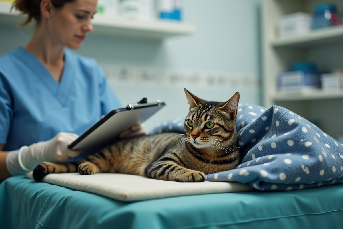 Chat en récupération post anesthesie surveillé par une infirmière
