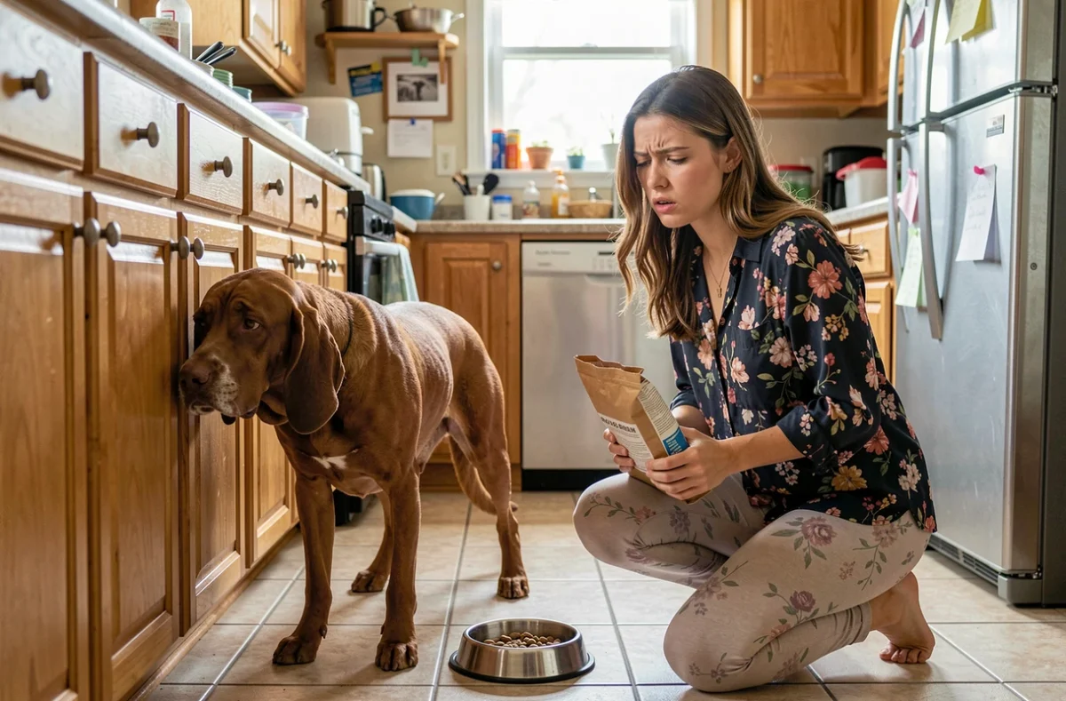 Red Coonhound distrait refusant sa gamelle dans une cuisine, montrant les erreurs d'alimentation fréquentes des nouveaux propriétaires