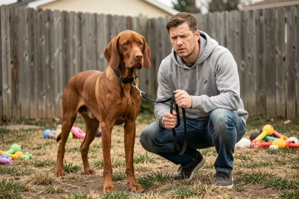 Propriétaire débutant tenant maladroitement la laisse d'un Red Coonhound dans un jardin suburban, illustrant les erreurs courantes de gestion