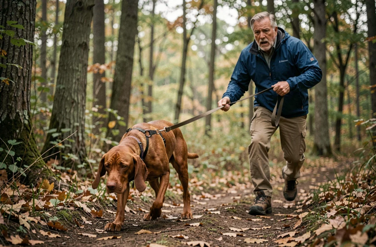 Red Coonhound tirant fort sur sa laisse en forêt lors d'une promenade, illustrant les difficultés de contrôle pour les débutants en randonnée