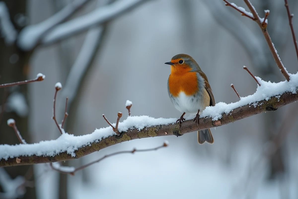 Rouge-gorge européen perché sur une branche enneigée en forêt hivernale, plumage roux détaillé