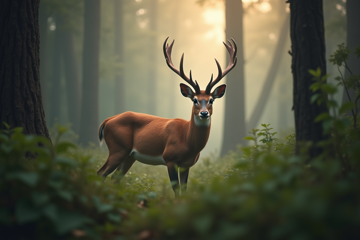 Un saola dans une forêt brumeuse au matin