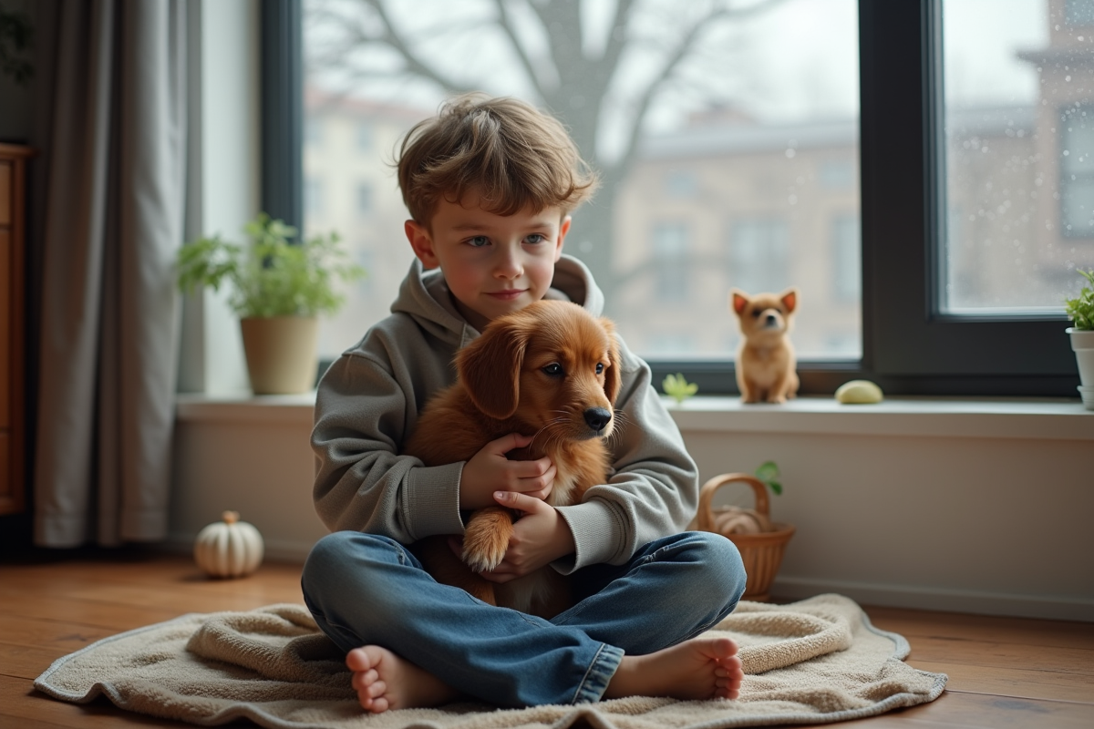 Garçon sèche son chien mouillé près d