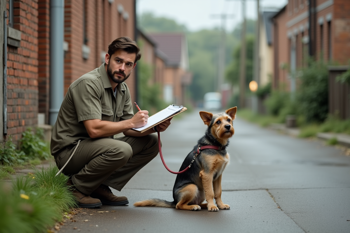 Jeune homme secouriste avec chien dans une rue résidentielle