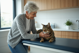 Femme âgée caressant un chat calme en clinique vétérinaire