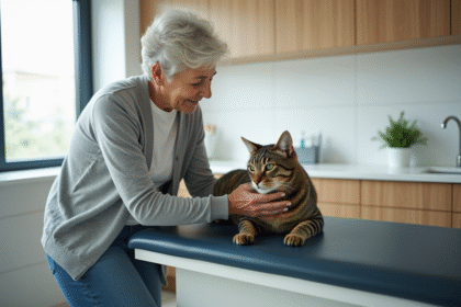Femme âgée caressant un chat calme en clinique vétérinaire