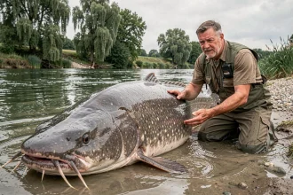 Pêcheur agenouillé à côté d'un silure géant dans une rivière européenne, montrant l'échelle impressionnante du poisson