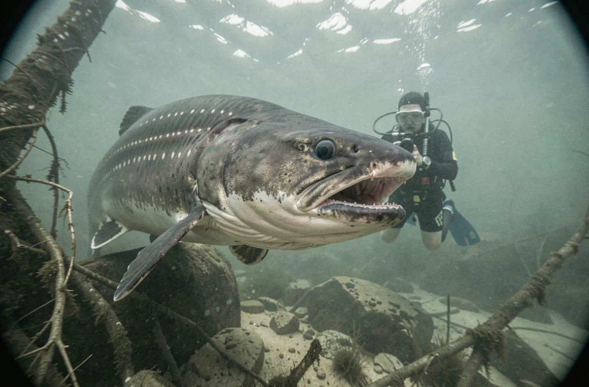Plongeur face à un silure géant sous l'eau dans une rivière trouble, illustrant la taille colossale du poisson