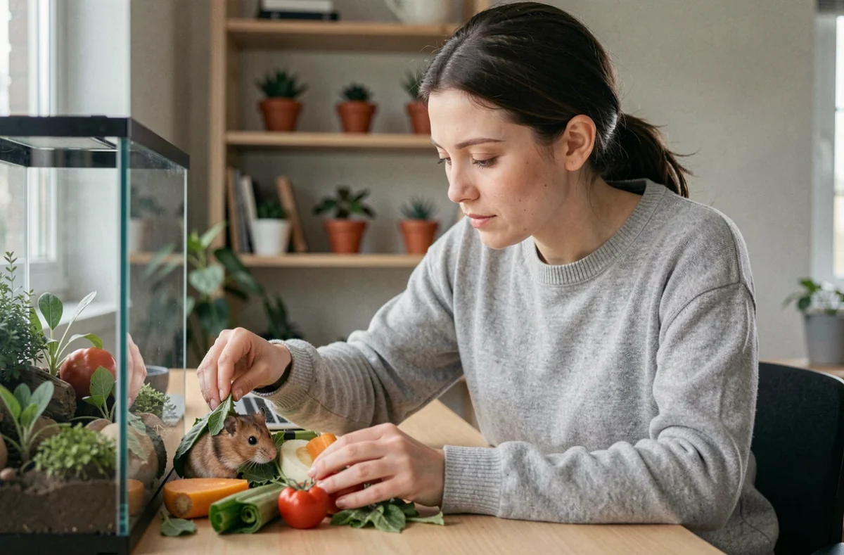 Propriétaire prenant soin de sa hamster gestante en lui apportant une alimentation adaptée